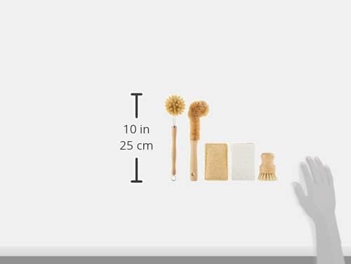 Tieralia Bamboo Dish Brush Gift Set – 5-Piece Kitchen Cleaning Set with Bottle Brush, Round Scrub Brush, Palm Brush & 2 Plant-Based Sponges | Wooden Handle Cleaning Tools for Dishes & Surfaces