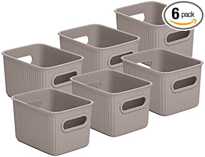 Decorative Plastic Basket Open Home Storage Bins Organizer Baskets, Small Taupe (6 Pack) Container Boxes for Organizing Closet Storage Bins for Shelves Drawer Shelf - Ribbed Collection 1.5 Liter