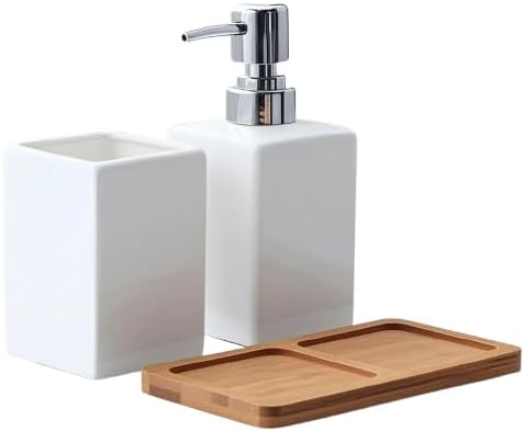 White Ceramic Soap Dispenser and Toothbrush Holder,3-Piece Bathroom Accessories Set Modern Square Countertop Bath Set,Liquid Soap Dispenser,Tumbler Cup,Wooden Vanity Tray