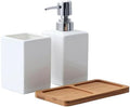 White Ceramic Soap Dispenser and Toothbrush Holder,3-Piece Bathroom Accessories Set Modern Square Countertop Bath Set,Liquid Soap Dispenser,Tumbler Cup,Wooden Vanity Tray