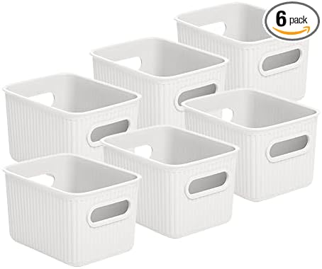 Decorative Plastic Basket Open Home Storage Bins Organizer Baskets, Small White (6 Pack) Container Boxes for Organizing Closet Storage Bins for Shelves Drawer Shelf - Ribbed Collection 1.5 Liter