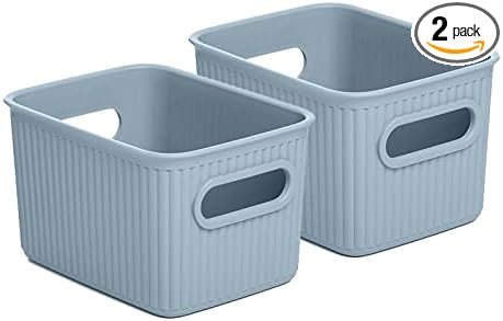 Superio Ribbed Collection - Decorative Plastic Basket Open Home Storage Bins Organizer, Small Blue (2 Pack) Container Boxes for Organizing Closet Storage Bins for Shelves Drawer Shelf 1.5 Liter