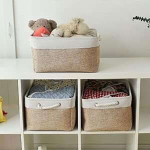 Sacyic Fabric Storage Baskets - Rectangular Baskets for Organizing Fabric, Shelves & Decorative Use (White & Khaki)