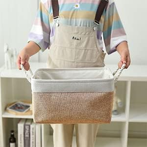 Sacyic Fabric Storage Baskets - Rectangular Baskets for Organizing Fabric, Shelves & Decorative Use (White & Khaki)