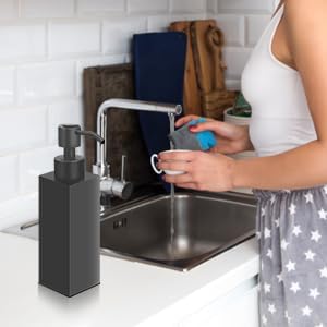 Black Soap Dispenser, Matte Black Stainless Steel, Rust-Proof Liquid Hand Dish Dispenser for Bathroom & Kitchen, 8.5 Oz Refillable Countertop Lotion Bottle (Square)