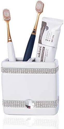 CAA'S Bathroom Accessories Set Ceramic 4 Pieces Bathroom Ensemble for Bath Decor Includes Lotion Dispenser Toothbrush Holder Tumbler Soap Dish (White Inlaid Zircon)