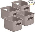 Decorative Plastic Basket Open Home Storage Bins Organizer Baskets, Small Taupe (4 Pack) Container Boxes for Organizing Closet Storage Bins for Shelves Drawer Shelf - Ribbed Collection 1.5 Liter