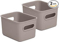 Decorative Plastic Basket Open Home Storage Bins Organizer Baskets, Small Taupe (2 Pack) Container Boxes for Organizing Closet Storage Bins for Shelves Drawer Shelf - Ribbed Collection 1.5 Liter