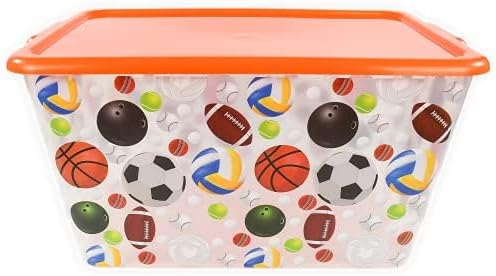 Storage Totes with Lids 4PC - Made in USA 14.5-Gallon Colorful Printed Decorative Design Storage Boxes Storage Bins with Lids Plastic Storage Containers for Organizer Orange/Sports Balls