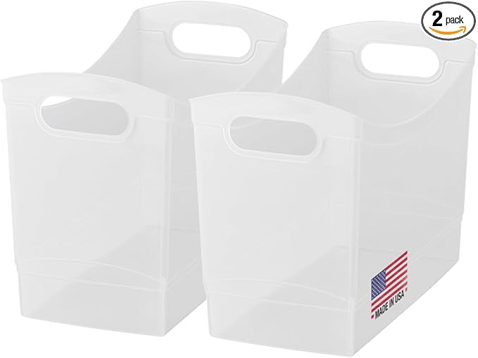 Modern Narrow Organizer Storage Bin, Clear Plastic Household Storage Container for Kitchen Pantry storage, Under Sink Bin, Bathroom/Laundry Room - Made In USA - 2 Pack (Narrow - 13” X 9” X 6”)