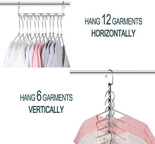 Meetu Space Saving Multifunctional Clothes Hangers - Stainless Steel 6X2 Slots Magic Cascading Hanger - Updated Hook Design Closet Organizer (Pack of 12)