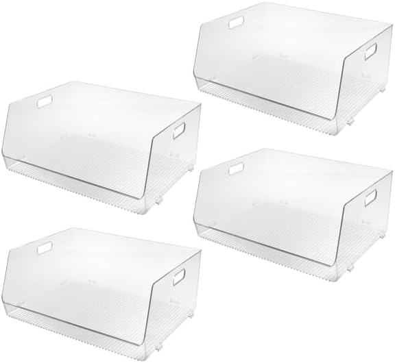 iDesign Stackable Open-Front Storage Bin, Extra Long Organizer for Kitchen or Pantry, 4-Pack, Clear