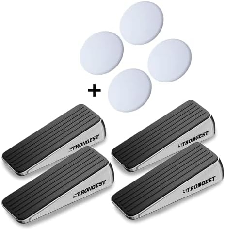 Strongest Home Heavy Duty Door Stopper Wedge (4 Chrome PCs) | Non-Slip Rubber and Metal Door Stop for Heavy Doors | Work on Wood, Tile, Carpet + 4 White Wall Protectors