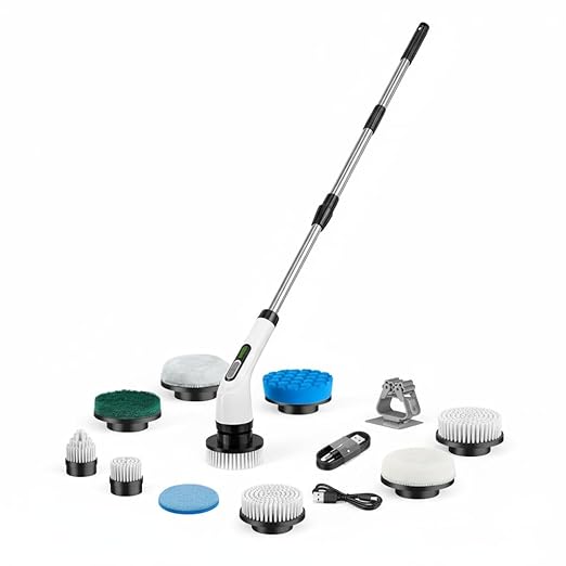 HIMAAT Cordless Electric Spin Scrubber - IPX7 Waterproof, LCD Display, 8 Brush Heads, Adjustable Extension Handle, for Shower, Bathtub, Tile, Grout, Kitchen, Bathroom Cleaning