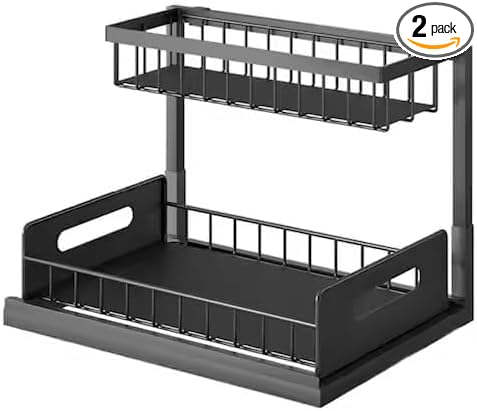 2 Tier Under Sink Storage & Organisation, Under Bathroom Cabinet Storage, Kitchen Sink Organiser Rack, Multi-purpose Under Sink Shelf Organizer- (Black) Set of 2