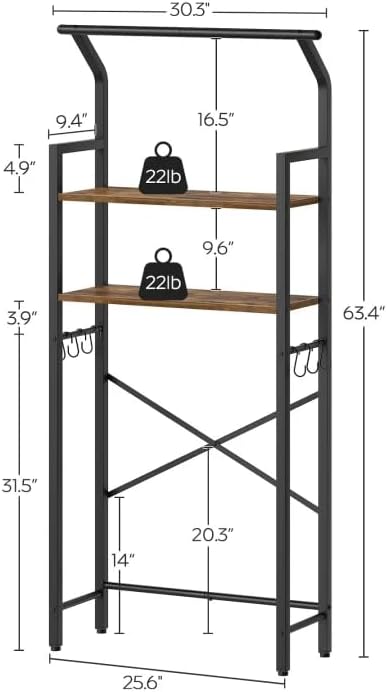 2-Tier Over The Toilet Storage, Multifunctional Vertical Over Toilet Bathroom Organizer, Freestanding Bathroom Storage Shelves with Hooks, Bathroom Organizer, Rustic Brown and Black TR01BR