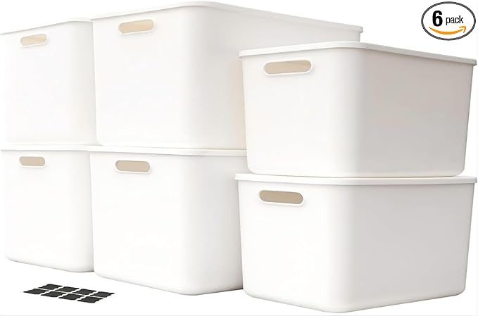 Amyup Set Of 6 Plastic Storage Bins,Versatile Kitchen Pantry Organization and Storage,for Plastic Storage Container Under Bed,Under Sink Bathroom Organizer (White, 4 L+2 M)