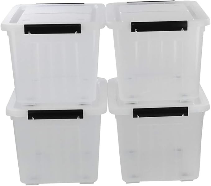 Callyne 30 L Clear Plastic Storage Box with Wheels, 4-Pack Clear Plastic Storage Latch Bin