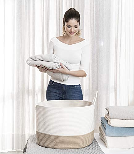 OrganiHaus Large Woven Storage Basket for Blankets and Toys 20" x 13" Inch, Rope Laundry Basket with Handles, Cushions & Pillows Storage Bin, Nursery Hamper, Soft Round Dog Toy Bin - Honey/Off-White