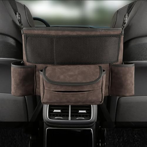 Car Handbag Holder Between Seats Car Organizer, Leather Large Capacity Car Purse Holder for Front Seat, Seat Back Net Bag Double-sided Tissue Storage Handbag Holder Car Divider (Brown)
