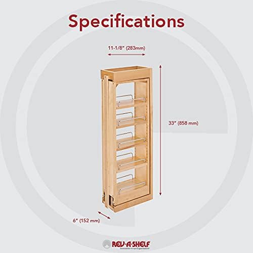 Rev-A-Shelf 6"W x 33"H Pull Out Quad Shelf Organizer for Wall & Base Kitchen Cabinets, Full Extension Filler Spice Rack, Adjustable, Wood, 432-WF33-6C