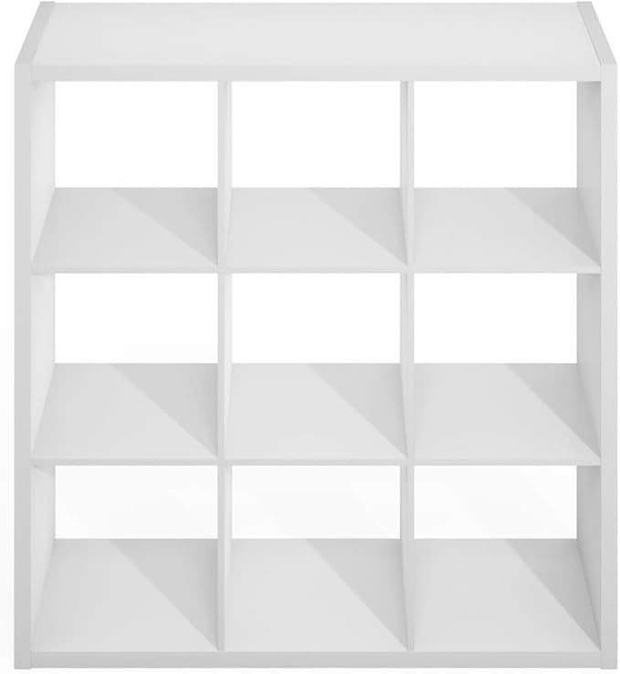 Furinno Simple Cube Storage Organizer, 9-Cube Display Shelf, Open Back Shelving Unit, Storage Shelves, Extra Thick Frame, for Organization and Storage, Living Room, Home Office, White