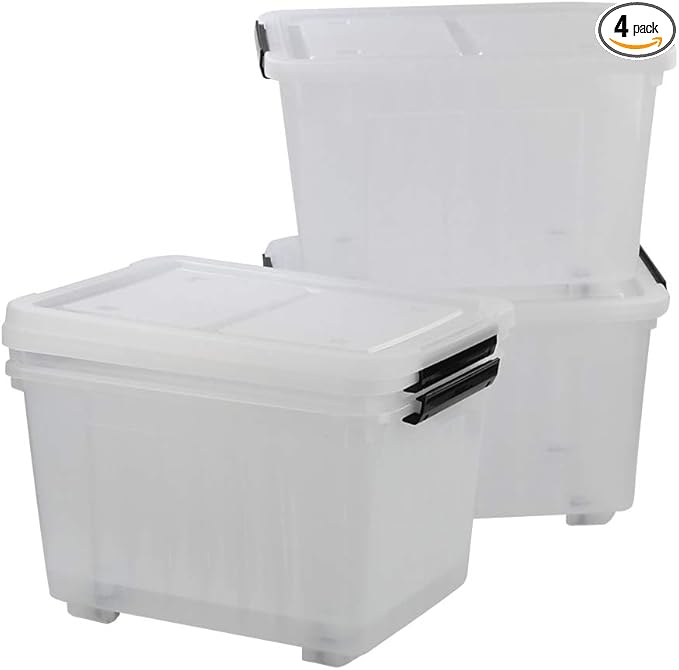 Callyne 30 L Clear Plastic Storage Box with Wheels, 4-Pack Clear Plastic Storage Latch Bin