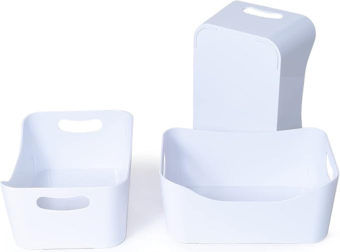 MATICAN Plastic Storage Bins with Handles, 3-Pack Small Pantry Storage Bins, Organizer Baskets for Kitchen, Bathroom, Bedroom, White, 9.6 x 6.6 x 4.1 Inches