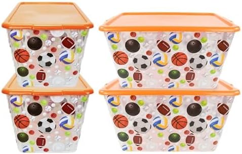 Storage Totes with Lids 4PC - Made in USA 14.5-Gallon Colorful Printed Decorative Design Storage Boxes Storage Bins with Lids Plastic Storage Containers for Organizer Orange/Sports Balls