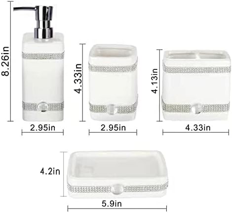 CAA'S Bathroom Accessories Set Ceramic 4 Pieces Bathroom Ensemble for Bath Decor Includes Lotion Dispenser Toothbrush Holder Tumbler Soap Dish (White Inlaid Zircon)