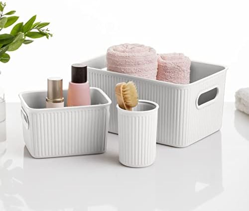 Decorative Plastic Basket Open Home Storage Bins Organizer, White (Set of 3) 1 Medium, 2 Small - Container Boxes for Organizing Closet Storage Bins for Shelves Drawer Shelf - Ribbed Collection