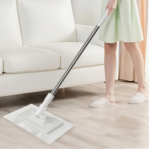 Disposable Dust Mop with Pressure Clamping System, 39 inch Long Handle Wet and Dry Flat Mopping Sweeper Stick with Locking Head & Sweeping Cloths for Multi Surface Floor Cleaning (1 mop+10 Clothes)