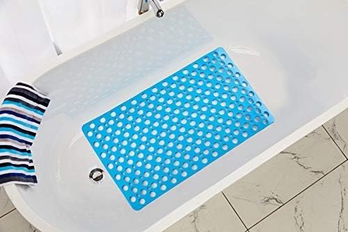 Nonslip Bathtub Mat Extra Soft TPE Bath Mat for Kids, Machine Washable Bathroom Shower Mat, Smooth/Non-Textured Tubs Only, 30L x 17W Inch (Lake Blue)