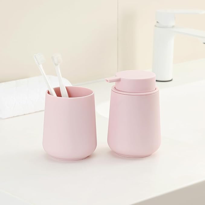 Matte Light Pink Liquid Hand Soap Dispenser Plastic 11 oz - Modern Minimalist Style for Bathroom & Kitchen Countertop Refillable