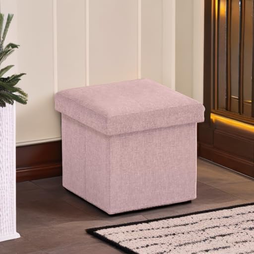 Ornavo Home Small Storage Ottoman Foldable Collapsible Cube Square Linen Ottoman Foot Rest Stool Seat, for Living Room, Bedroom, Home Office, Dorm - 12 x 12 x 12, Pink