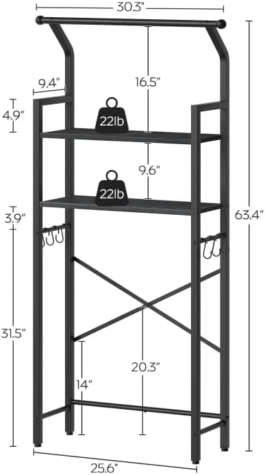 2-Tier Over The Toilet Storage, Multifunctional Vertical Over Toilet Bathroom Organizer, Freestanding Bathroom Storage Shelves with Hooks, Bathroom Organizer, Rustic Brown and Black TR01BB