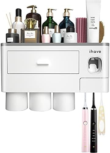 iHave Toothbrush Holders for Bathrooms, 3 Cups Toothbrush Holder Wall Mounted with Toothpaste Dispenser - Large Capacity Tray, Cosmetic Drawer - Bathroom Accessories & Bathroom Organization Storage