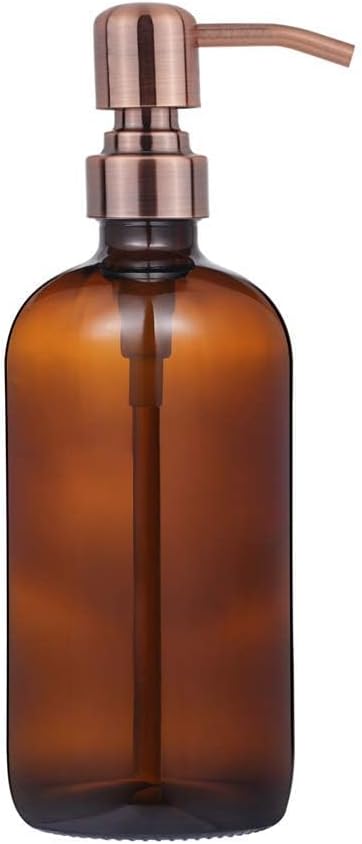 2 Pack Thick Amber Glass Pint Jar Soap Dispenser with Copper Stainless Steel Pump, 16ounce Boston Round Bottles Dispenser with Rustproof Pump for Essential Oil, Lotion Soap