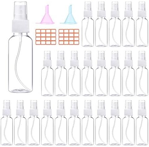 24 Pcs Spray Bottles 2oz / 55ml Clear Empty Mini Spray Bottles Refillable Container Pocket Size Sprayer Set Essential Oils Travel Cleaning Makeup Bottles with 2pcs Funnels 32pcs Labels