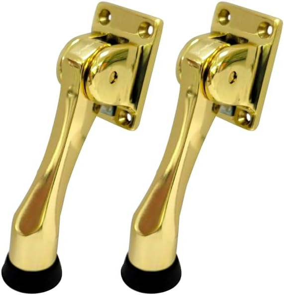 QCAA Solid Brass Drop Down Door Stop, 4", Polished Brass Lacquered, 2 Pack