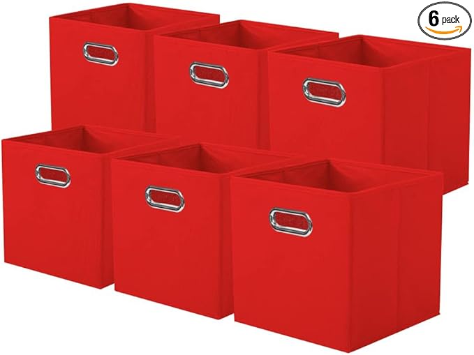 ShellKingdom Storage Bins, Foldable Fabric Storage Cubes And Cloth Storage Organizer Drawer with Metal Handle For Closet And Toys, 11 X 10.5 X 10.5 INCH, 6 Pack (Red)