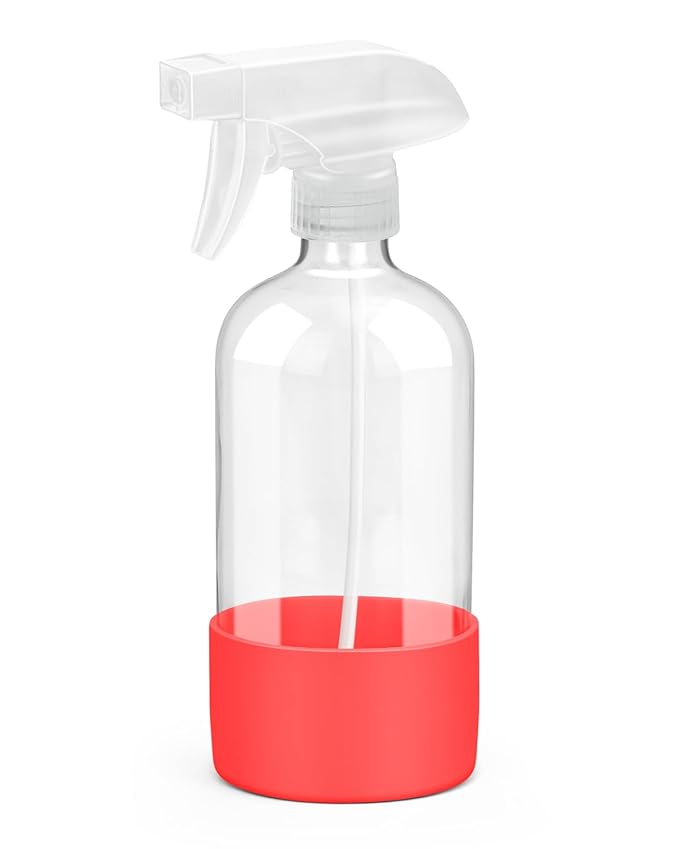 Glass Spray Bottles with Silicone Sleeve Protection, Empty 16OZ Reusable Spray Bottles, Refillable Containers with Spray Nozzles for Cleaning Solutions, Plants and Essential Oils 1 Pack Red