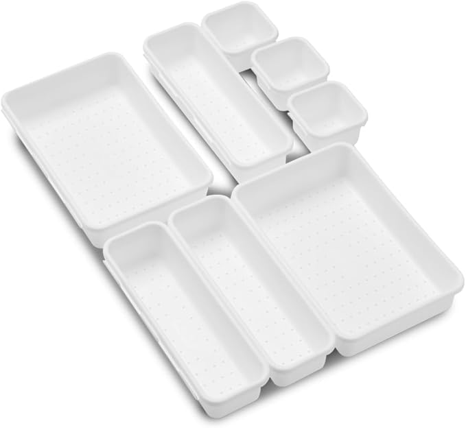 madesmart Premium 8 Piece Interlocking Bin Pack, Modular Drawer Organizer Set for Office Supplies, Tools & Household Items, Durable Non-Slip Design, White