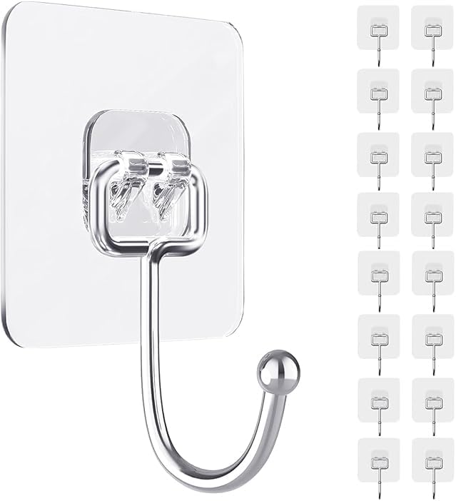 Adhesive Wall Hook, Set Heavy-Duty Thickened self-Adhesive Hook，16Pcs，44lb max Loading，Transparent, Waterproof, Bathroom, Outdoor, Kitchen, Doors, Practical Tools.