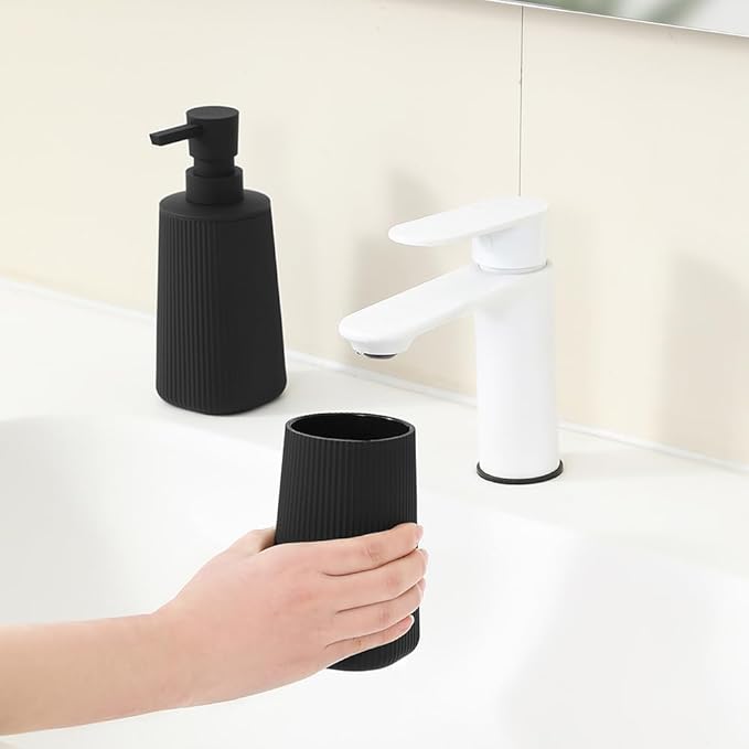 Bathroom Accessories 2 Piece Soap Dispenser and Toothbrush Holder Set Striped Black