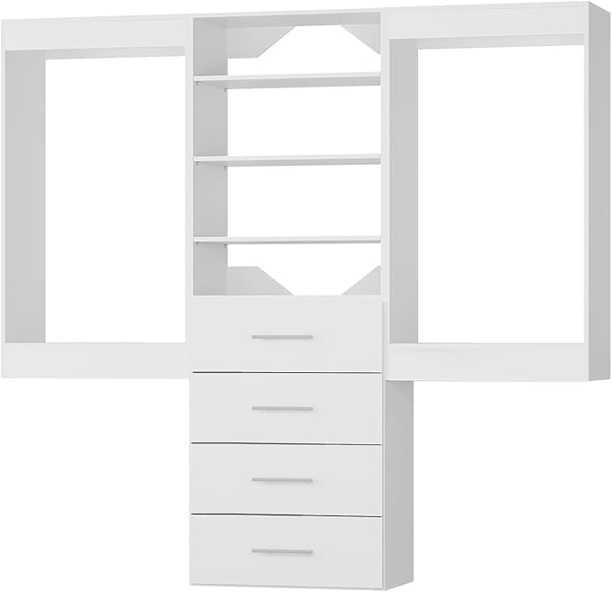 ROOMTEC Modular Closet System, 96" Wall-Mounted Closet Organizer with Drawers and Hanging Rods, Wooden Tower for Walk-In Closets, Wardrobe Storage Kit, White