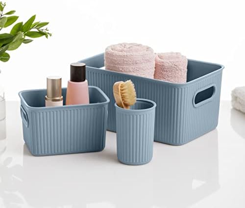 Superio Ribbed Collection - Decorative Plastic Basket Open Home Storage Bins Organizer, Blue Container Boxes for Organizing Closet Storage Bins for Shelves (Bin with Lid- Medium (5 Liter), 1 Pack)