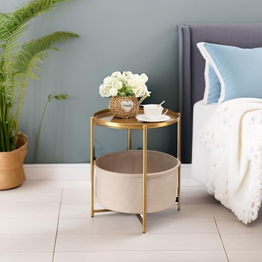 danpinera Round Side Table with Fabric Storage Basket, Metal Side Small Bedside Table Nightstand with Removable Tray Top for Living Room, Bedroom, Nursery, Bathroom, Gold