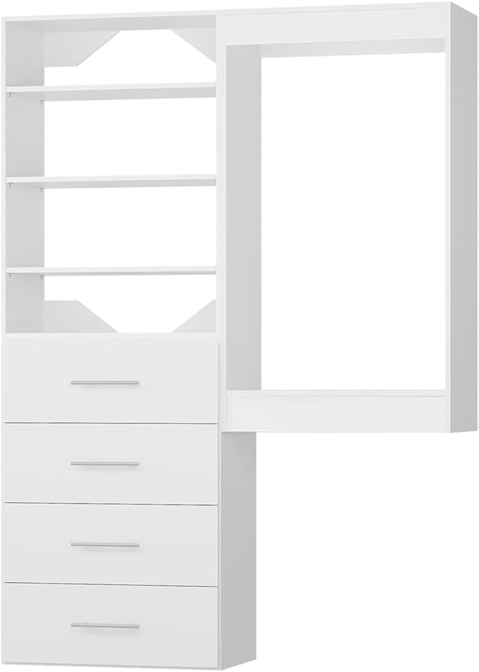Modular Closet System, 58" Wide Organizer With Tower and Drawers, Wood Storage for Walk In Closets, Wall Mounted Wardrobe Kit, Bedroom, White