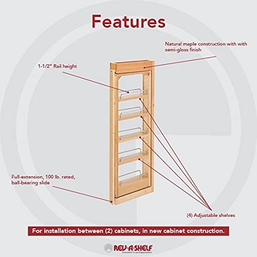 Rev-A-Shelf 3"W x 33"H Pull Out Quad Shelf Organizer for Wall & Base Kitchen Cabinets, Full Extension Filler Spice Rack, Adjustable, Wood, 432-WF33-3C